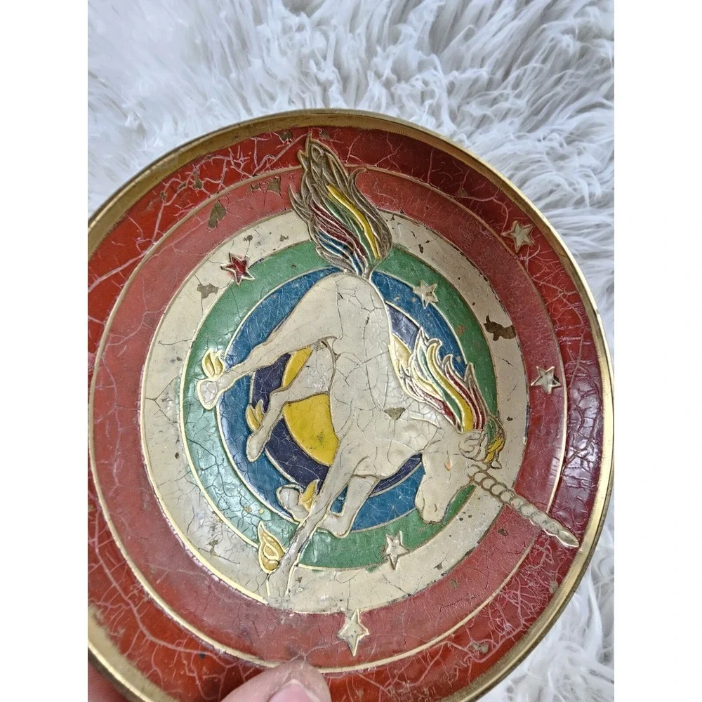 Vintage Beautiful Antique Brass Enamel Bowl with Unicorn - Pedestal Mughal Morad